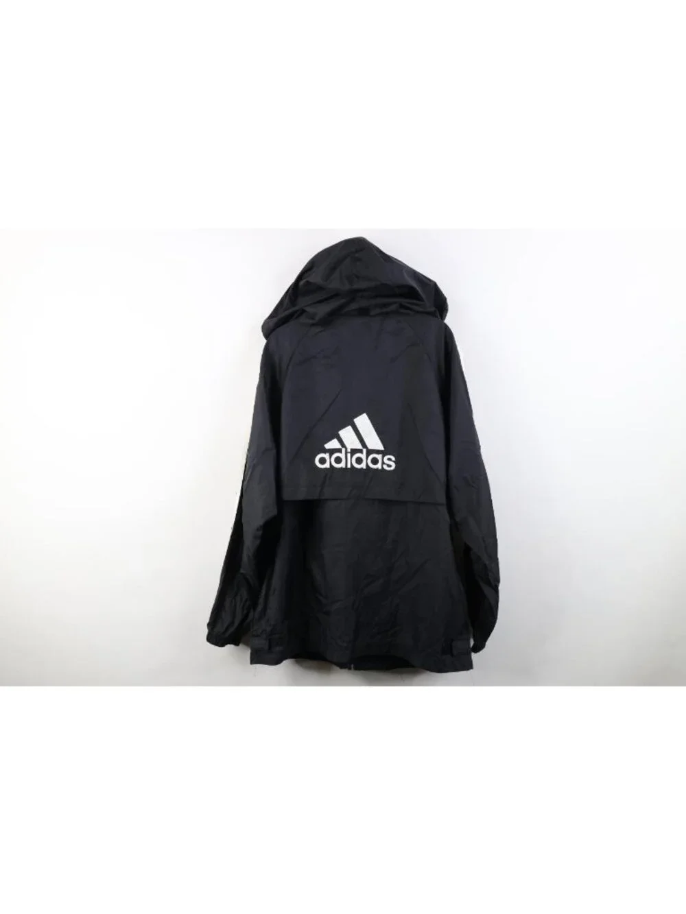 Vtg 90s Adidas Mens Medium Spell Out Hooded Full Zip Windbreaker Jacket Black
